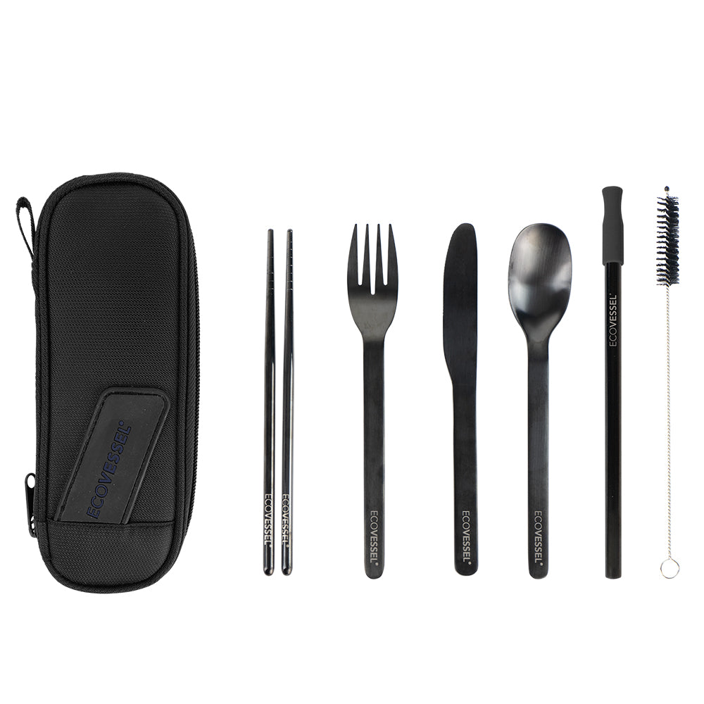 WANDERWARE 6-Piece - Reusable Stainless Steel Utensil Set with Travel Pouch - Black