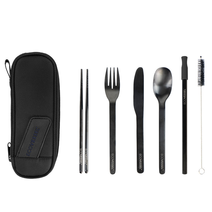 WANDERWARE 6-Piece - Reusable Stainless Steel Utensil Set with Travel Pouch - Black