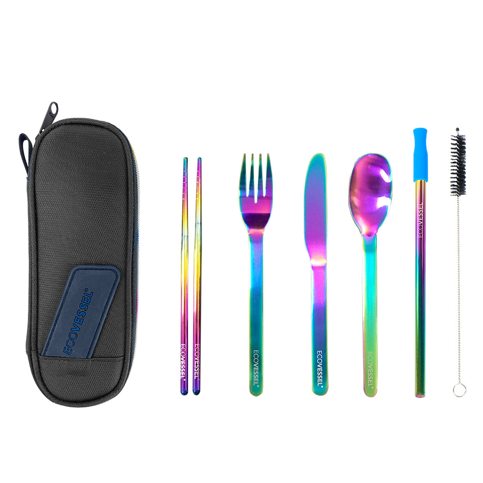 WANDERWARE 6-Piece - Reusable Stainless Steel Utensil Set with Travel Pouch - Over the Rainbow